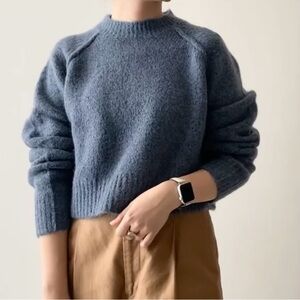 Zara Cropped Mock Neck Puff Sleeve Sweater Blue Wool Alpaca Blend Women Small